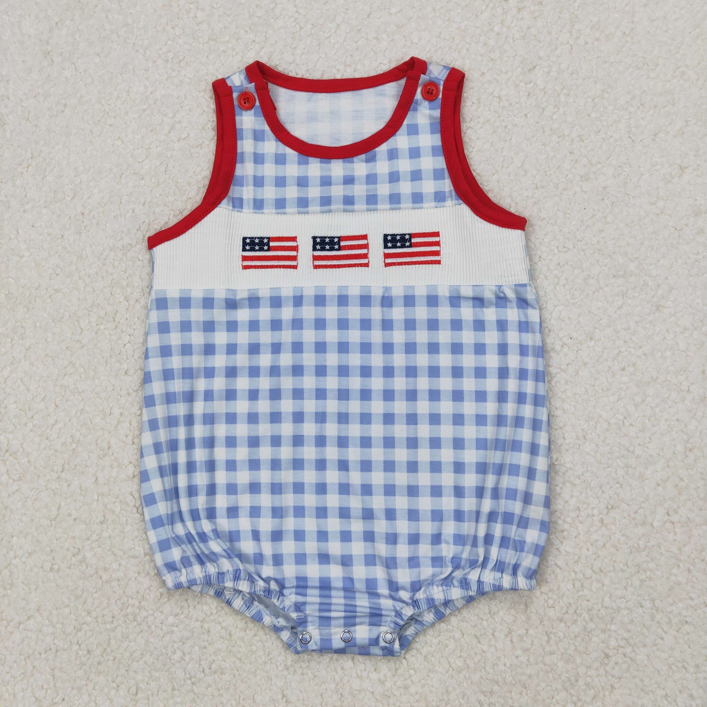 Baby Girl Infant July 4th Embroidery Flags Blue Checked Smocked Bubble Romper RTS