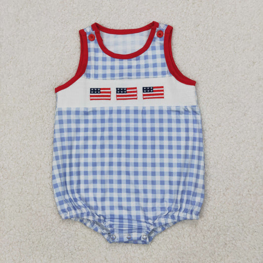 Baby Boy Infant July 4th Embroidery Flags Blue Checked Smocked Bubble Romper RTS