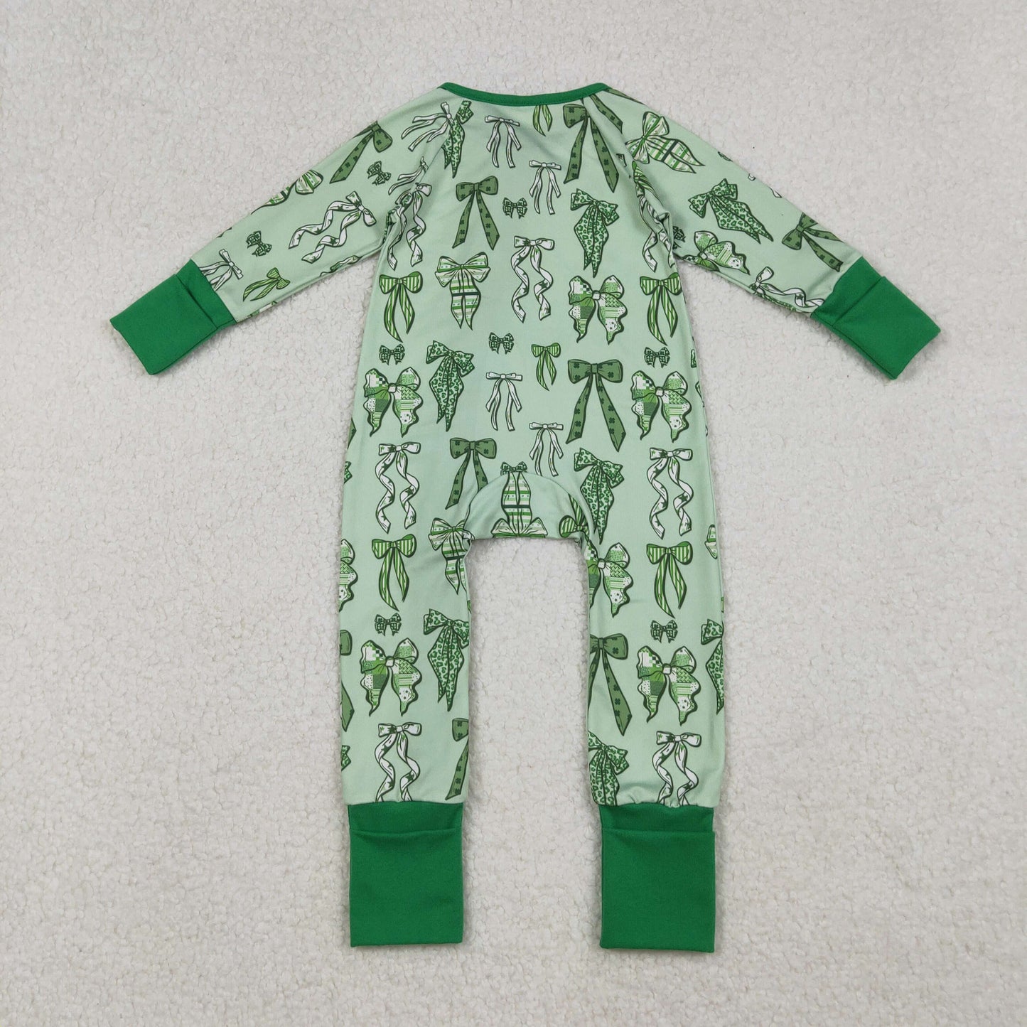 Girls Infant Long Sleeves Green Clovers Bows Zipper St Patrick Footie Sleeper Romper