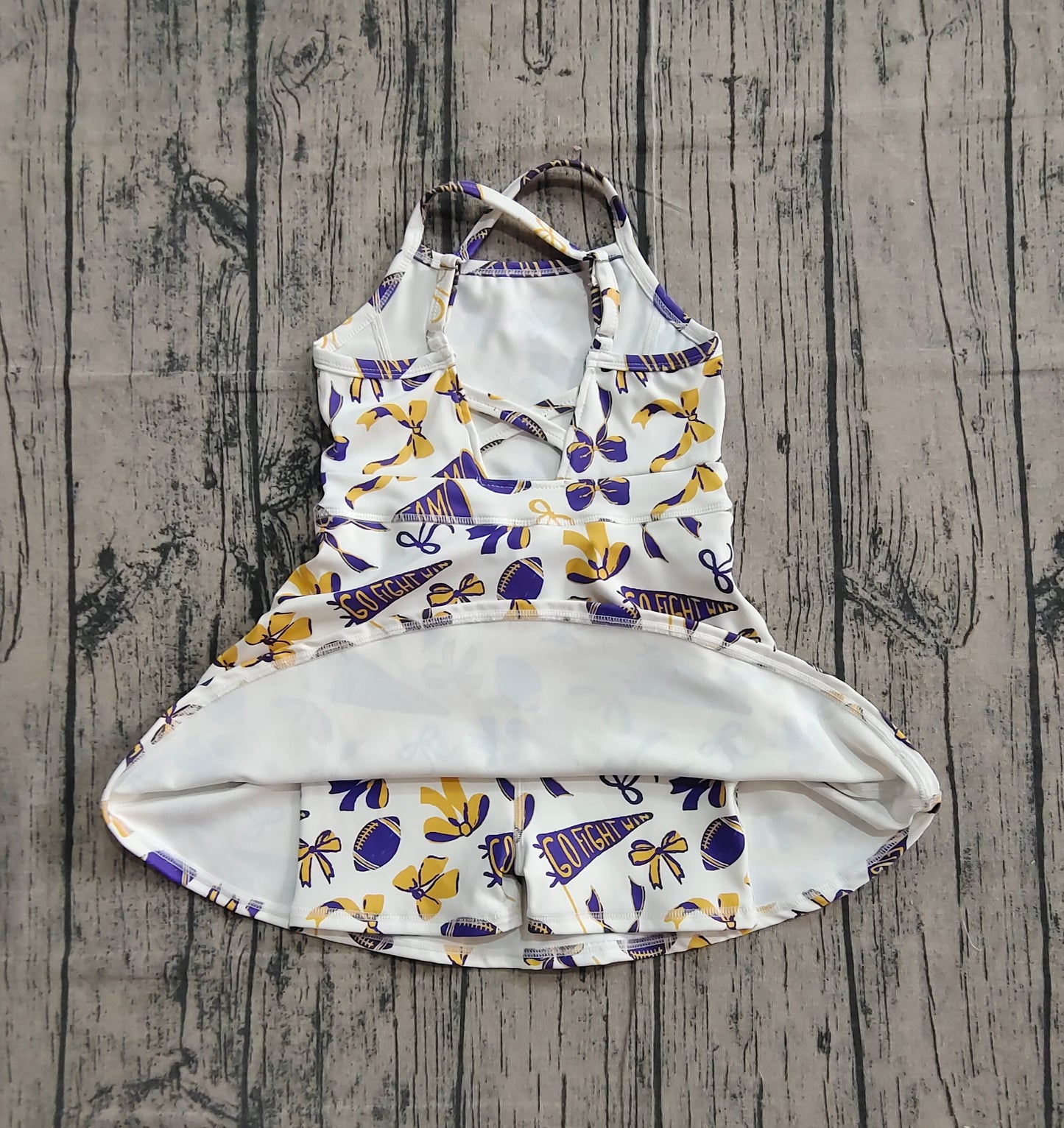 ( No moq ) Preorder Baby Girl Sleeveless Purple Football Bows Cheer Summer Yoga Active Dress