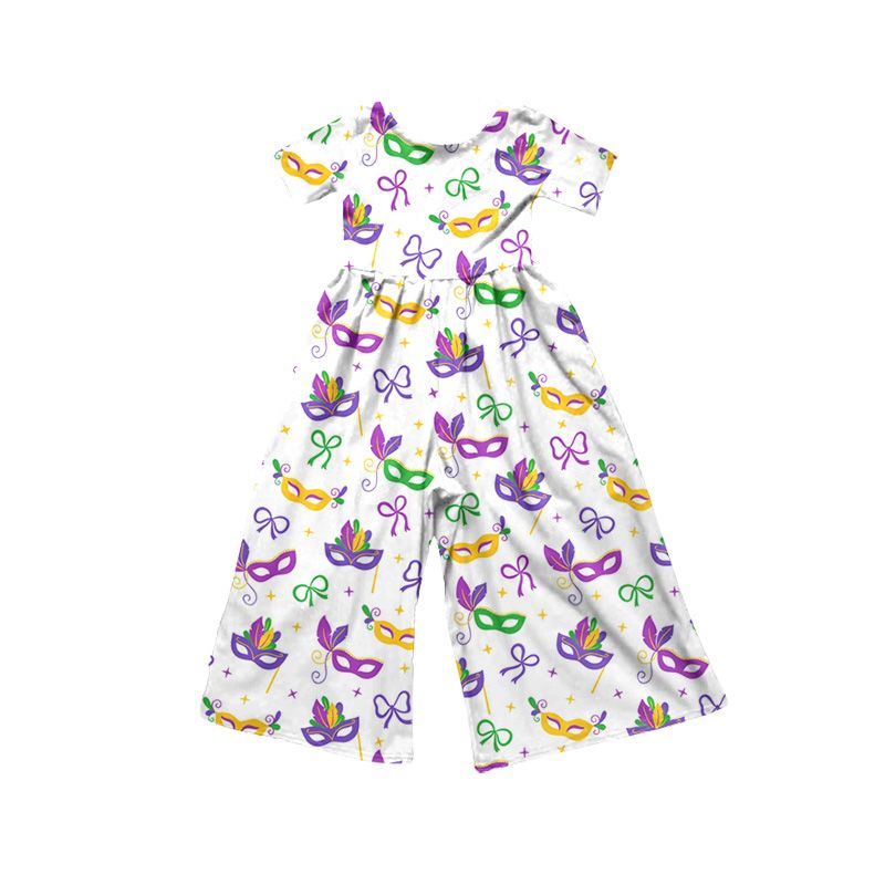 ( Moq 5 ) Preorder Baby Girls Kids Short Sleeves Masks Bows Overalls Jumpsuit Mardi Gras Clothes