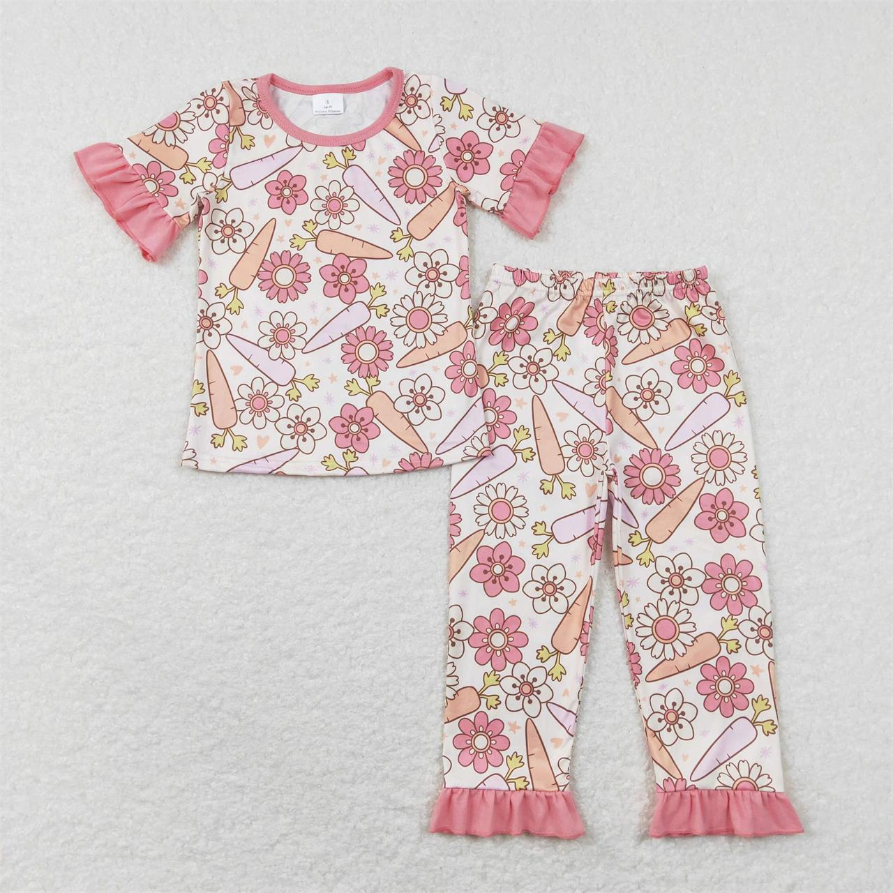 GSPO1017 Baby Girl Carrot Floral Shirt Pants Easter Set Pajamas