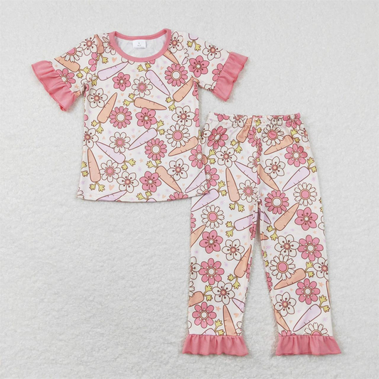 GSPO1017 Baby Girl Carrot Floral Shirt Pants Easter Set Pajamas