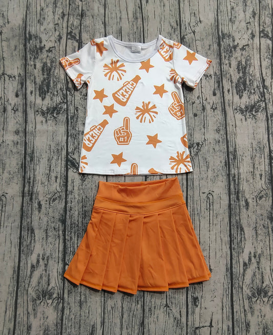 Preorder Baby Girl Short Sleeves Cheer Shirt Orange Skorts Yoga Active Outfit( No moq )