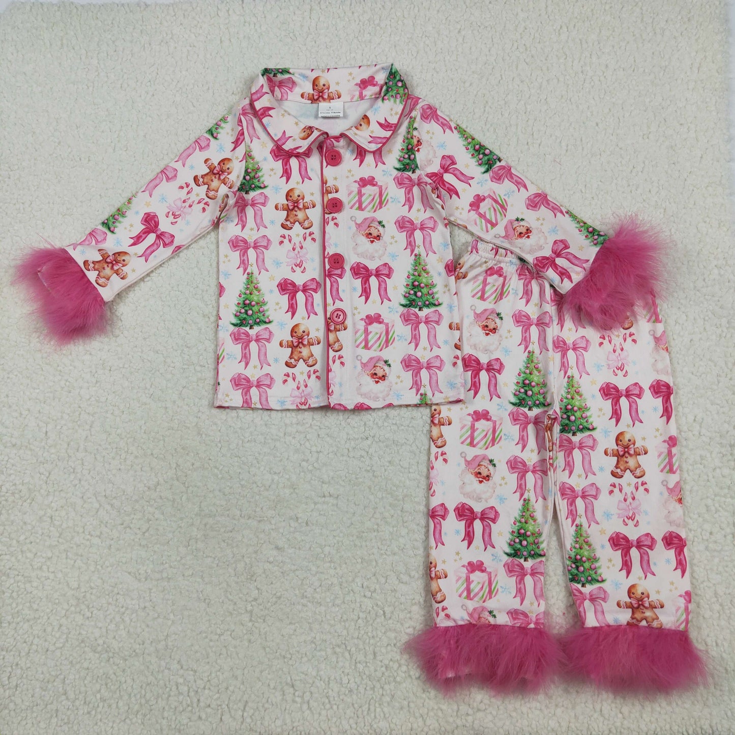 Baby Girl Pink Fur Long Sleeves Bows Gingerbread Trees Shirt Pants Pajamas Christmas Set RTS