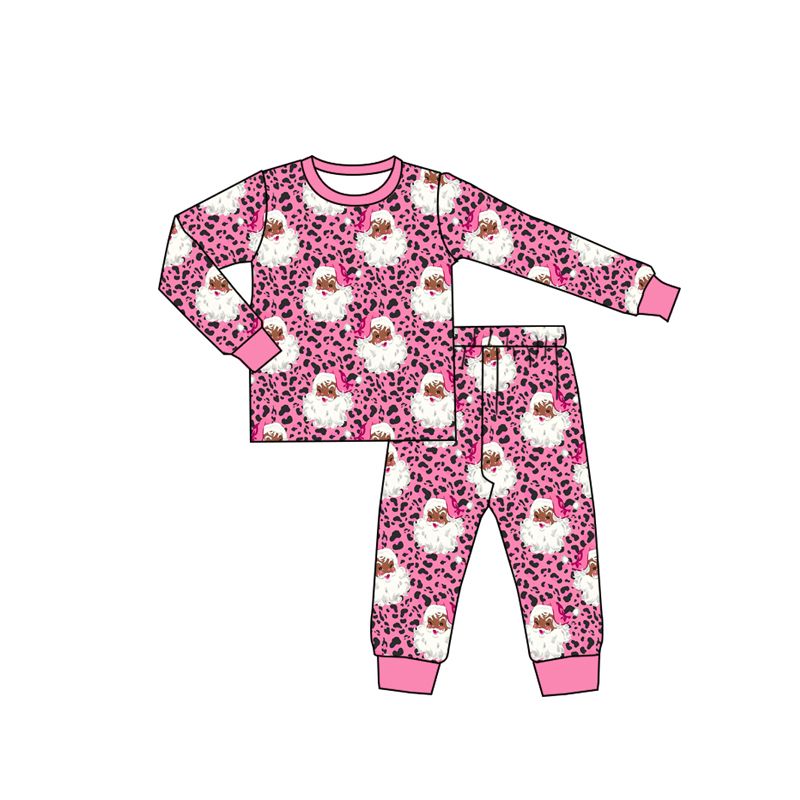 ( Moq 5 ) Preorder Baby Girls Kids Christmas Santa Leopard Shirt Pants Set Pajamas Clothes