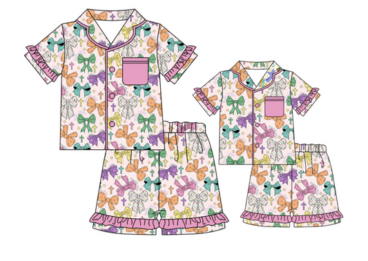 Baby Girl Toddler Adult Women Short Sleeves Mardi Gras Bows Shorts Sibling Family Shorts Pajamas Set ( Moq 5 Each Style )11.26