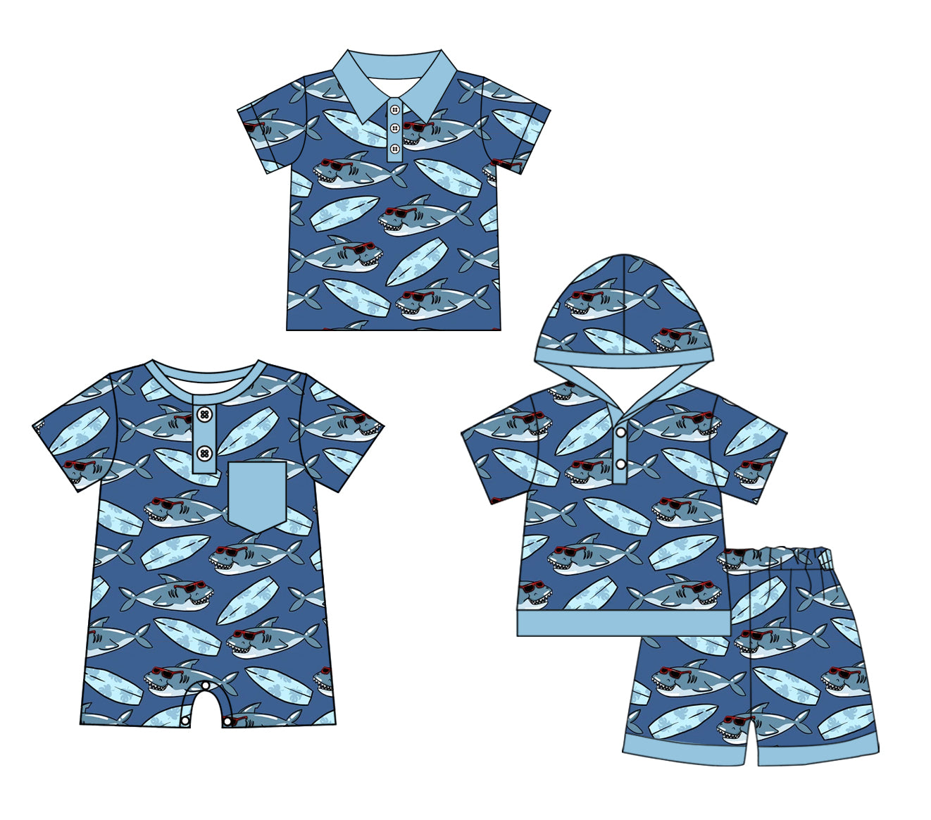Baby Boy Short Sleeves Fish Sibling Romper Clothes Set ( Moq 5 Each Design )11.28