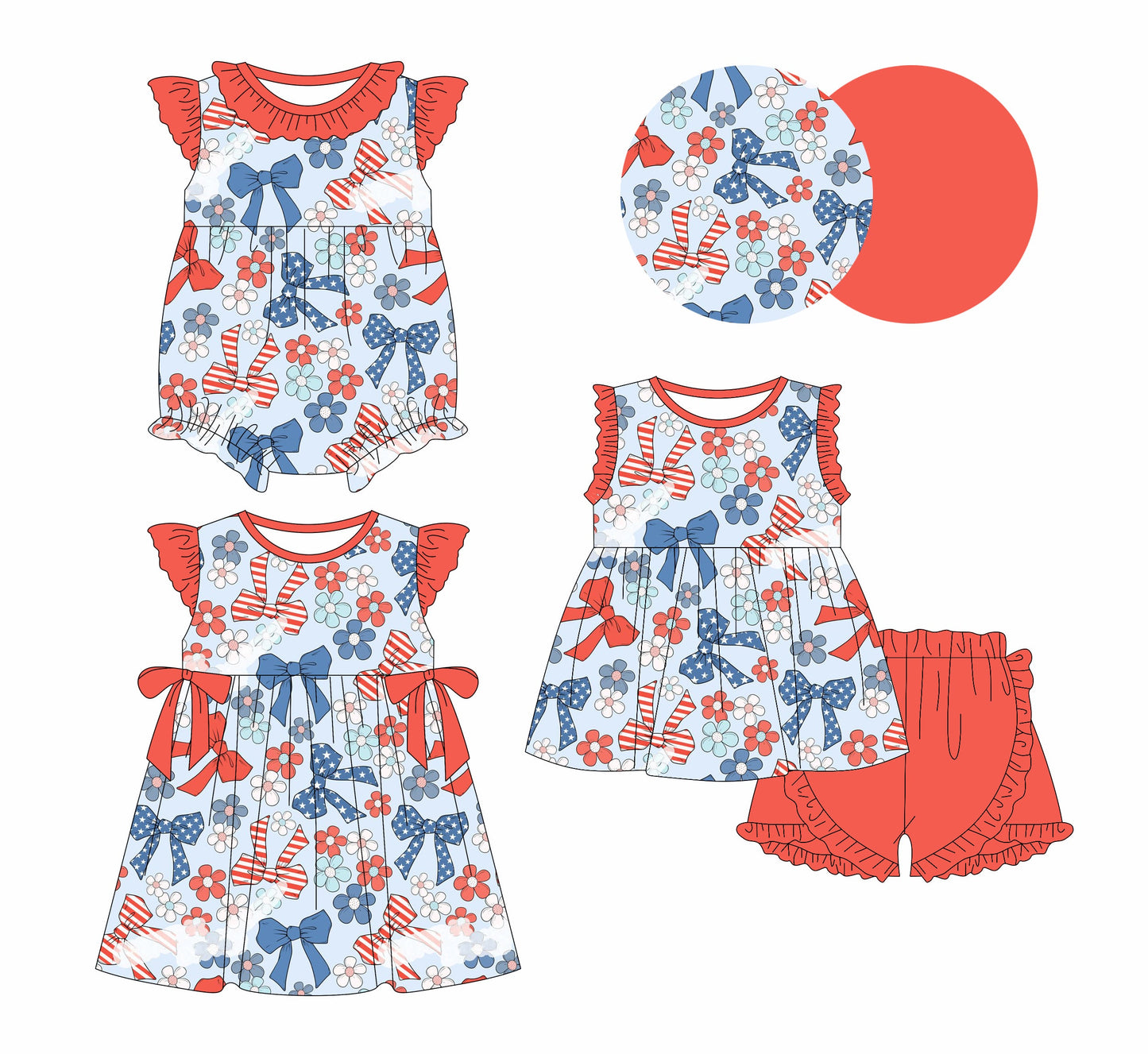 Baby Girl Flower Bows July 4th Sibling Romper Dress Set ( Moq 5 Each Style ) 2.11