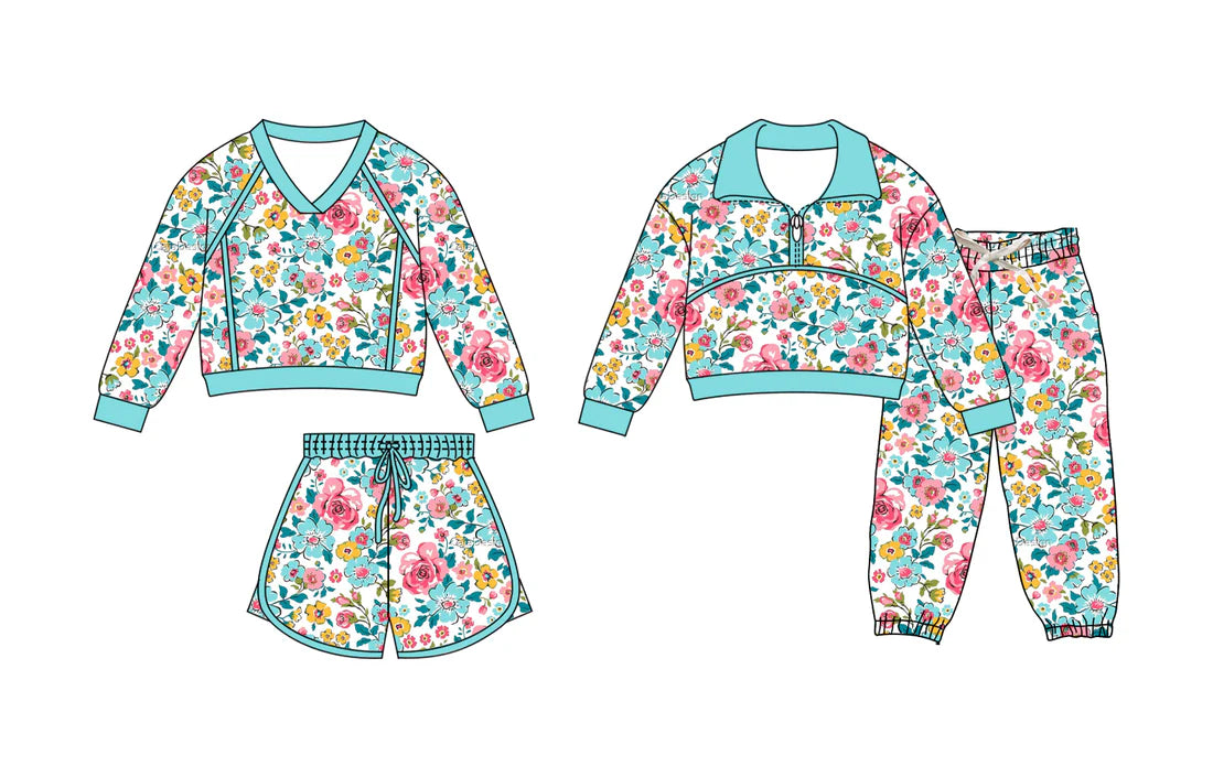 ( Moq 5 Each Style ) Sibling Baby Girls Flower Long Sleeves Zipper Green Shirt Shorts Pants Sets