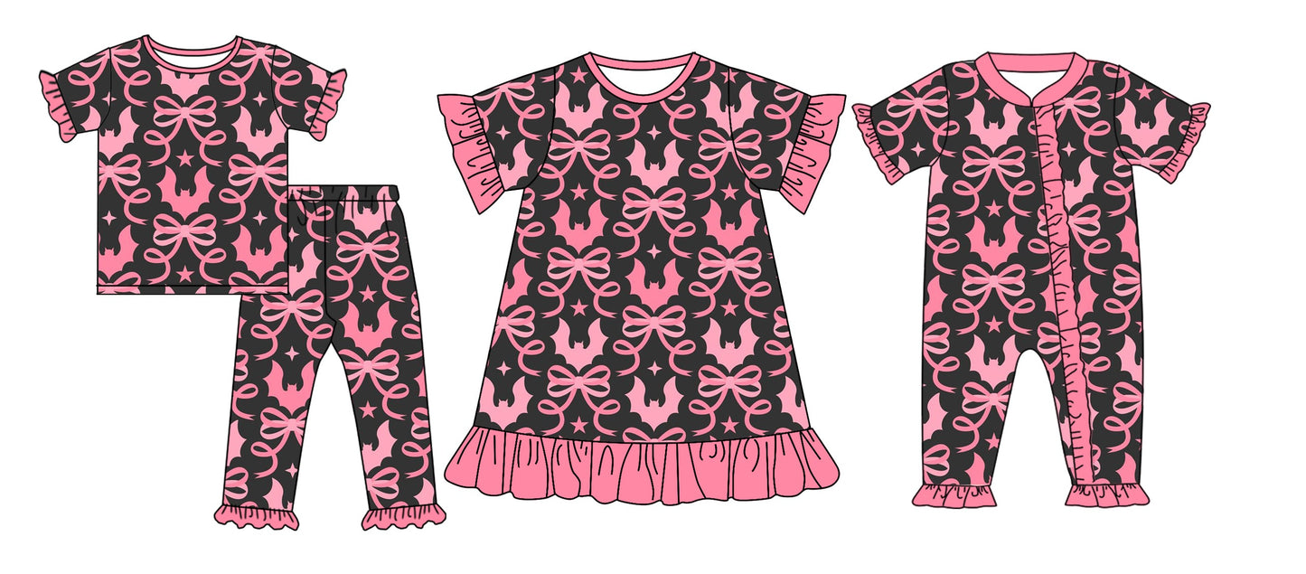 ( Moq 5 Each Style ) Baby Girl Short Sleeves Bows Bats Halloween Sibling Romper Dress Set 4.25