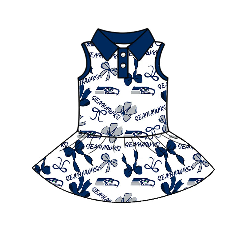 ( Moq 5 each style ) Baby Girl Toddler Team Blue Bows Sibling Skort Dress Set 6.6