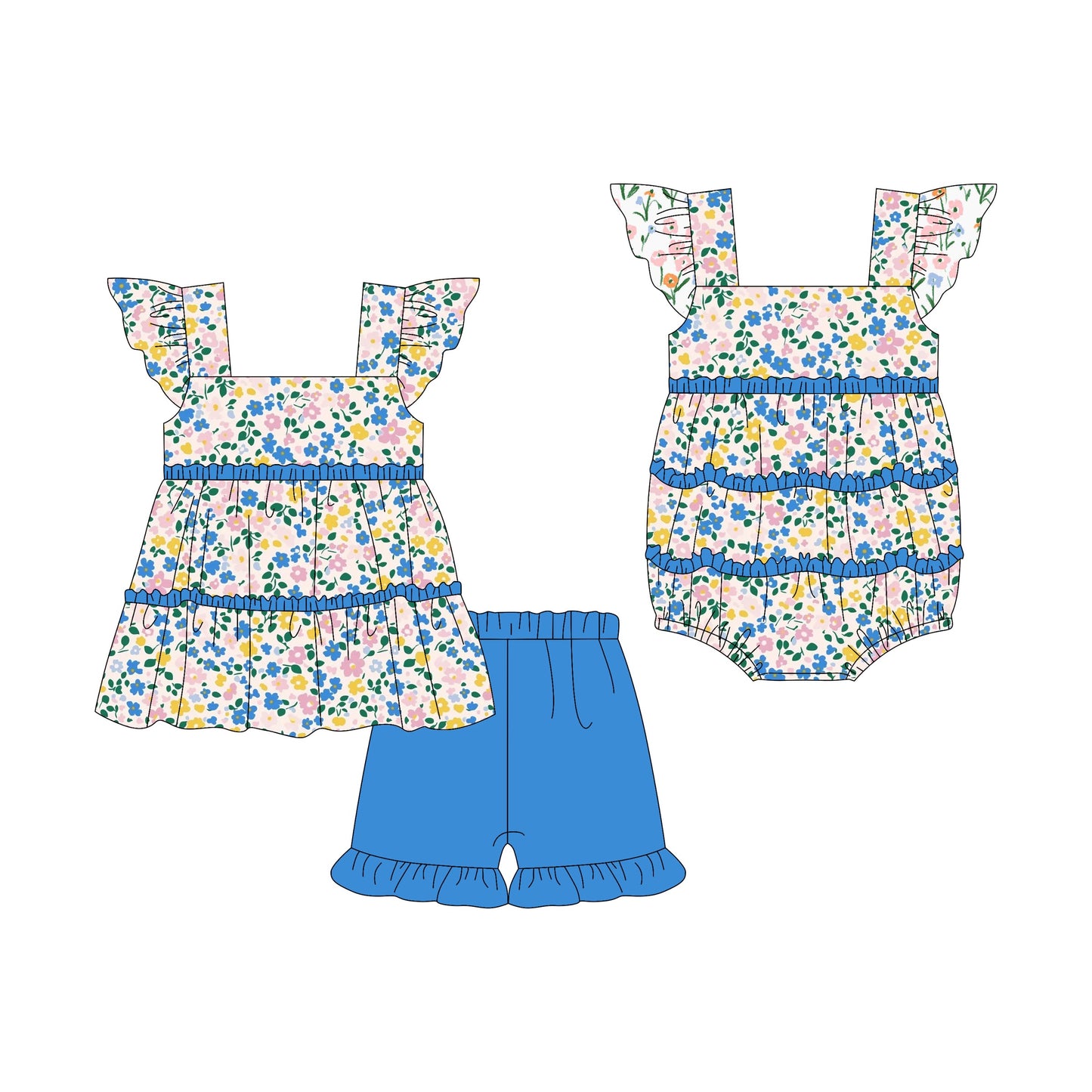 Baby Girl Short Sleeves Floral Blue Ruffle Sibling Romper Set ( Moq 5 Each Style ) 3.7
