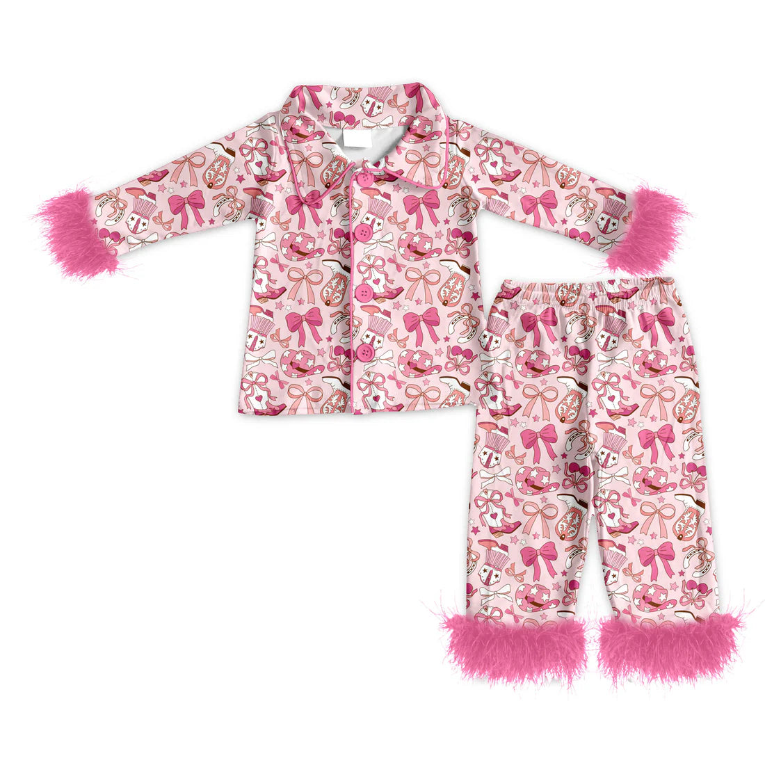 ( Moq 5 ) Baby Girls Fur Long Sleeves Bows Hats Buttons Shirt Pants Western Pink Pajamas Set