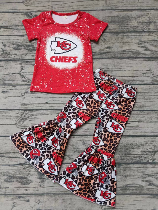 Baby Girl Toddler Short Sleeves KC Team Shirt Leopard Bell Pants Outfit Moq 5