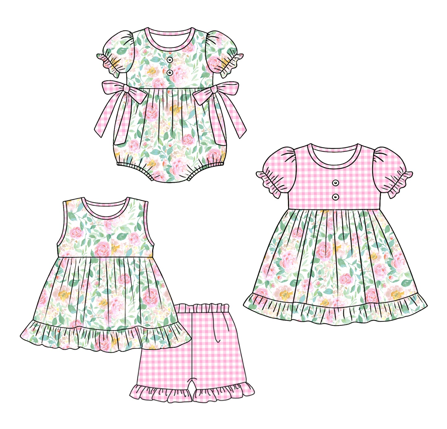 ( Moq 5 Each Style ) Sibling Baby Girls Kids Flower Plaid Romper Dress Set Clothes