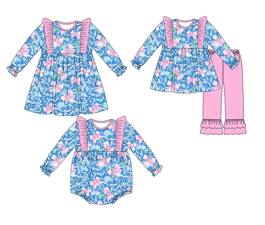 ( Moq 5 Each Style ) Baby Kids Toddler Long Sleeves Flower Bows Sibling Romper Dress Set