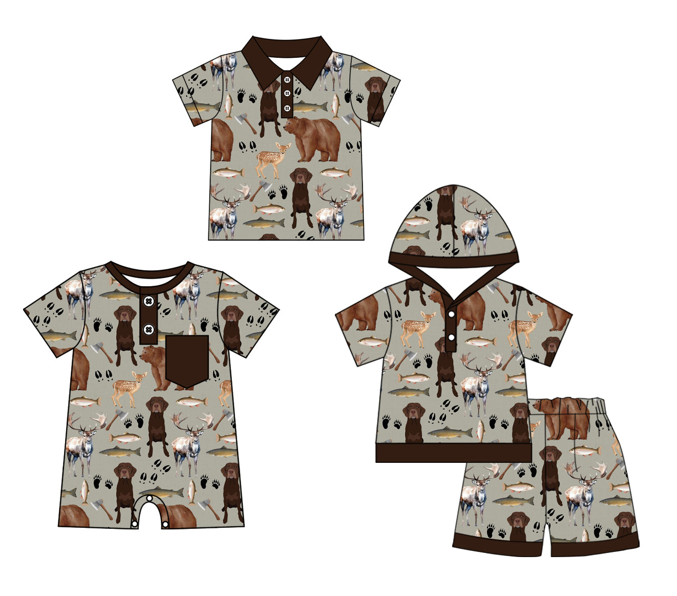 Baby Boy Short Sleeves Sibling Animals Hunting Romper Clothes Set ( Moq 5 Each Design )11.27