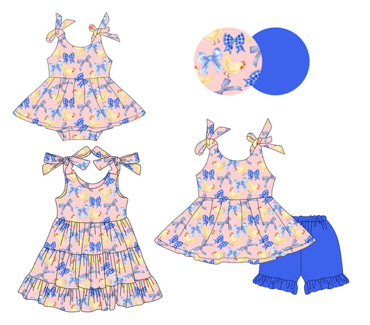 ( Moq 5 Each Style ) Baby Girls Kids Chicken Plaid Bows Sibling Easter Romper Dress Set