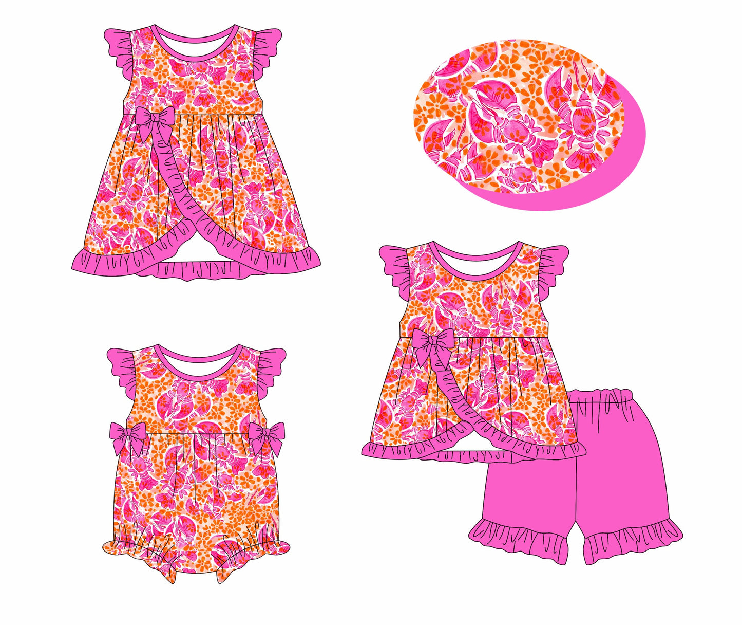 Baby Girl Crawfish Bows Sibling Romper Dress Set ( Moq 5 Each Style ) 1.14