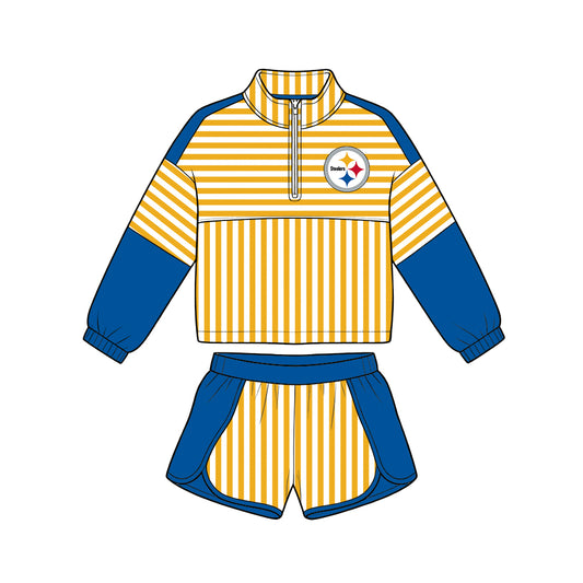 ( Moq 5 ) Baby Girls Kids Long Sleeves Zipper Pullover Stripes Shorts Team Set Clothes