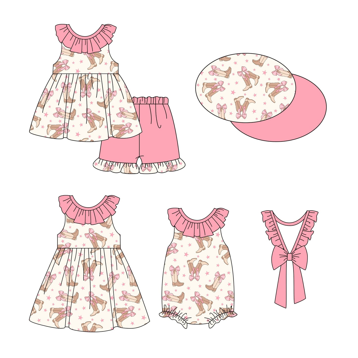 Baby Girl Western Pink Boots Sibling Romper Dress Set ( Moq 5 Each Style ) 12.27