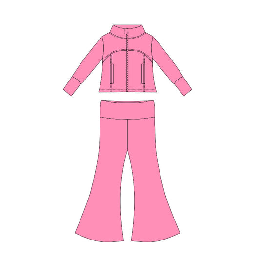 ( Moq 10 ) Baby Girl Pink Long Sleeves Pockets Zipper Tops Bell Bottom Pants Set