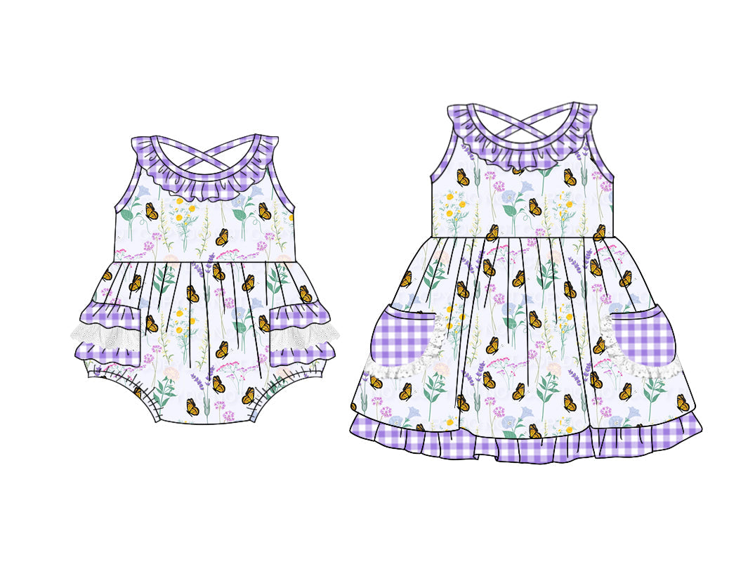 Baby Girl Butterfly Flower Pockets Purple Sibling Romper Dress ( Moq 5 Each Style ) 3.11