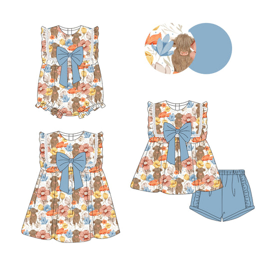 ( Moq 5 Each Style ) Baby Girl Western Cow Flower Bows Sibling Romper Dress Set 3.28