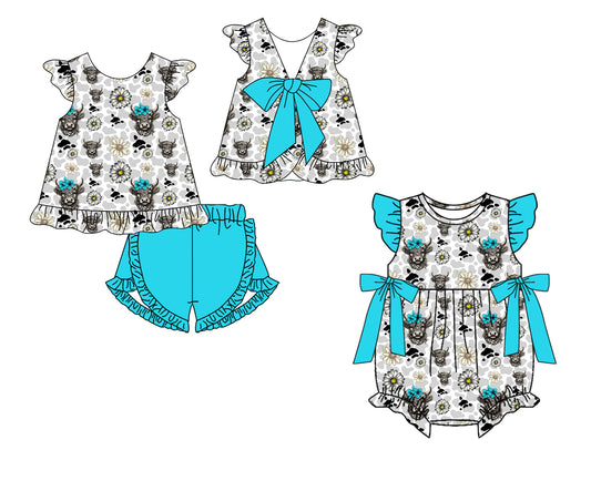 ( Moq 5 Each Style ) Baby Girls Kids Toddler Cows Flower Sibling Western Romper Set
