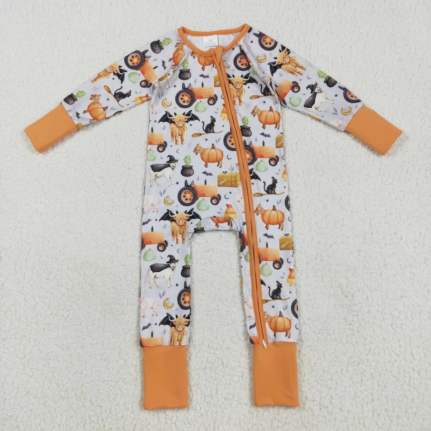 Baby Boy Long Sleeves Pumpkins Farm Animals Sibling Halloween Pajamas Zipper Romper Set