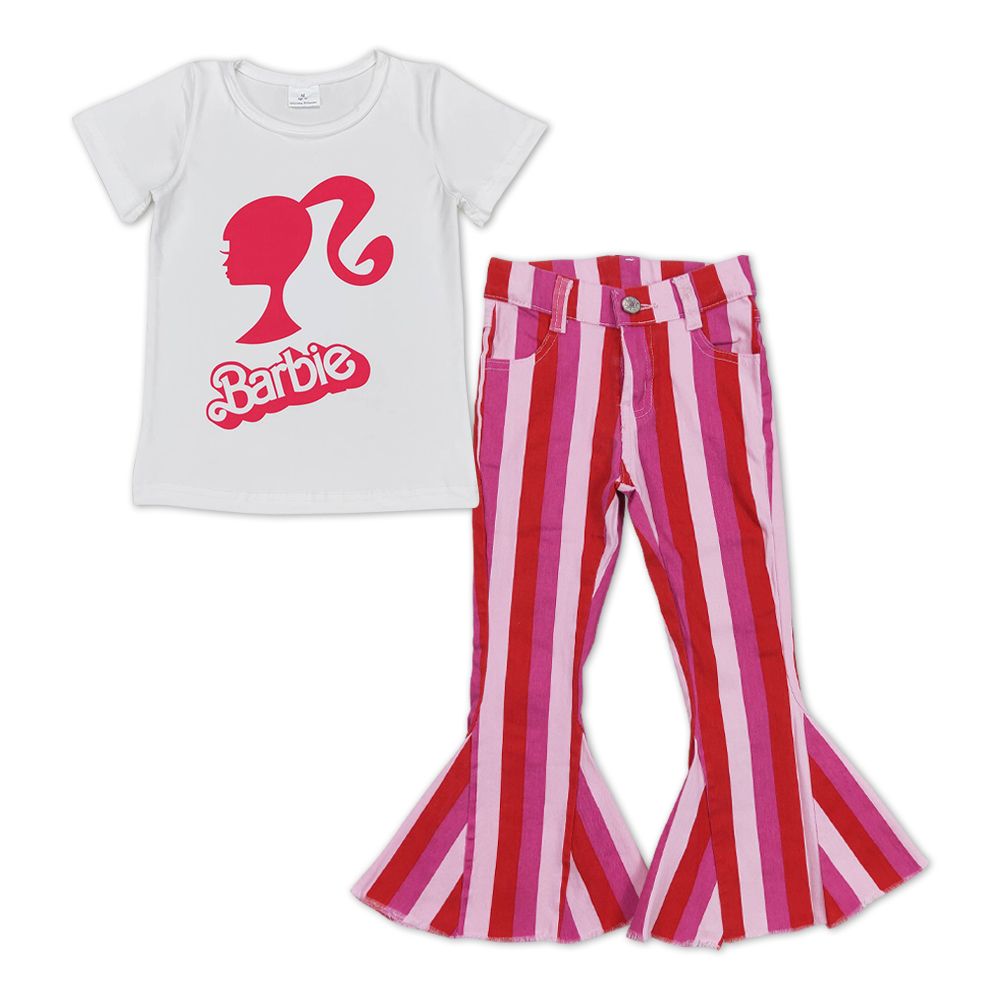 Baby Girl Short Sleeves Doll Shirt Pink Stripes Bell Denim Pants Outfit
