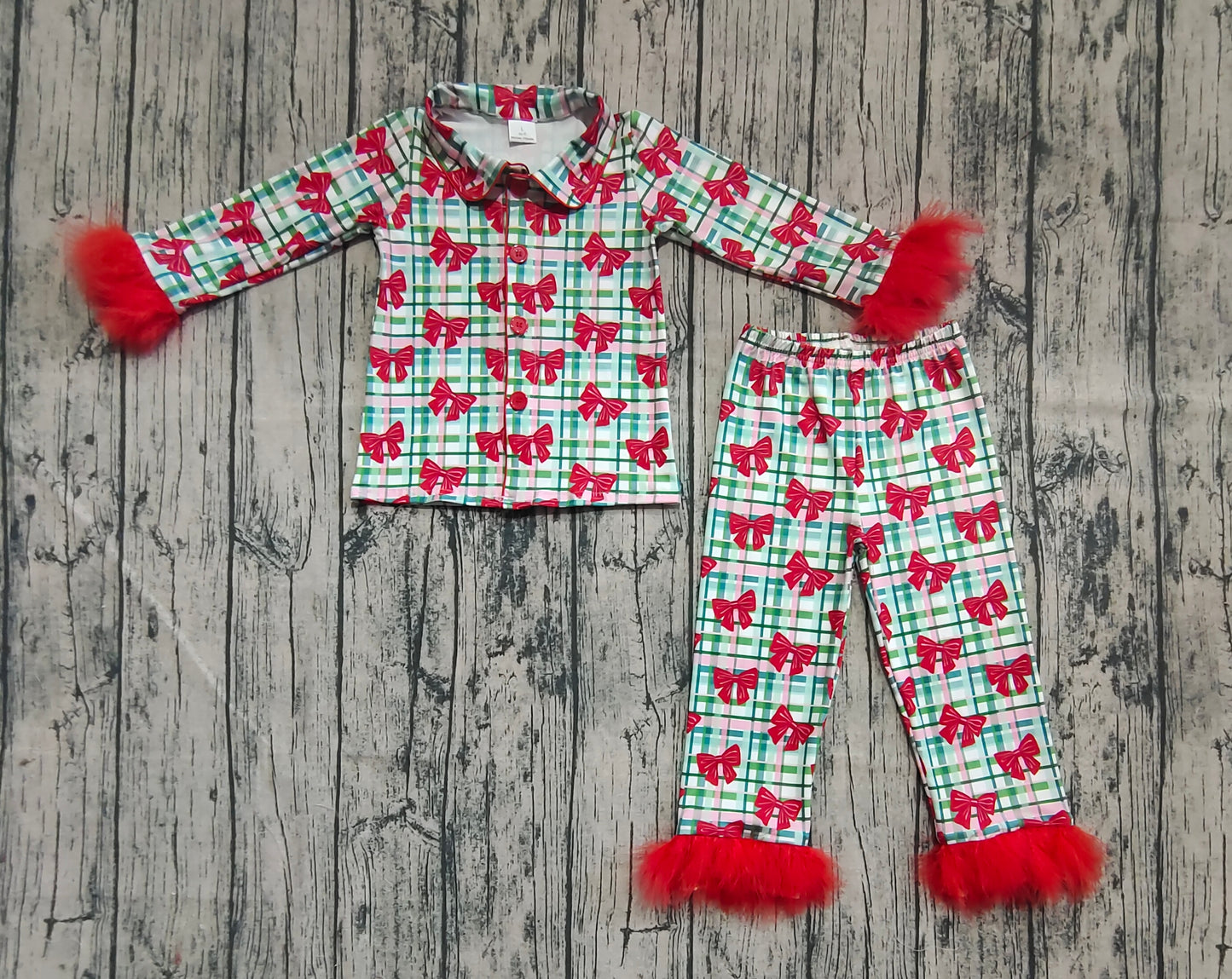 Baby Girl Red Fur Long Sleeves Bows Plaid Buttons Shirt Pants Pajamas Christmas Set RTS