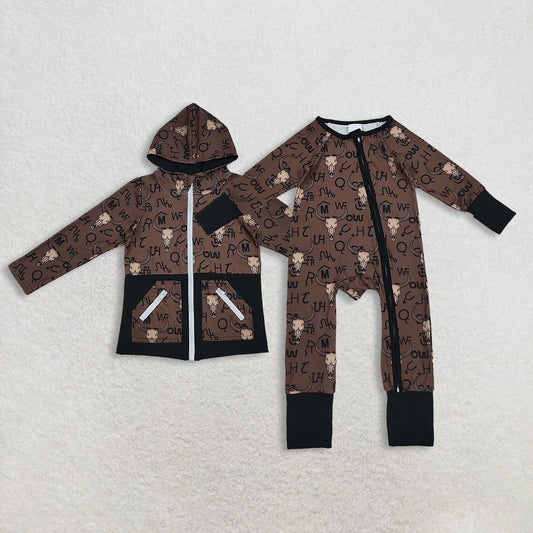 Sibling Kids Boy Long Sleeves Western Cow Aztec Zipper Footie Romper Pockets Hoodie Shirt RTS