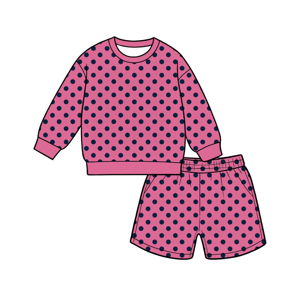( Moq 5 ) Preorder Adult Women Pink Long Sleeves Navy Dots Shirt Pockets Shorts Set Clothes