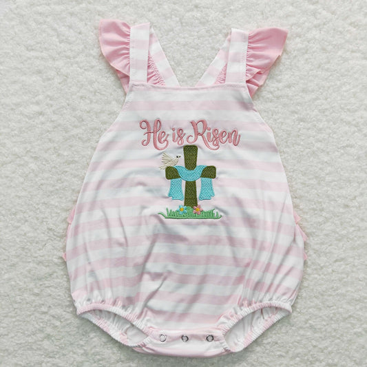 SR0564 Baby Girl Easter He Is Risen Embroidery Pink Stripes Romper
