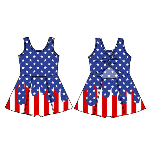 ( Moq 5 ) Preorder Baby Girls Kids Sleeveless Stars Stripes 4th of July Shorts Knee Length Dress