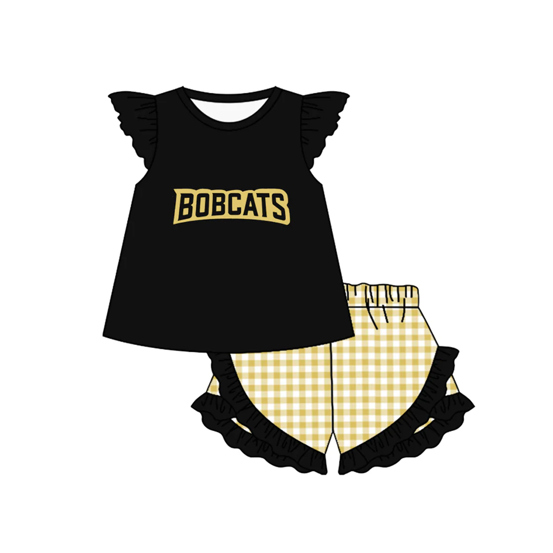 Baby Girl Short Sleeves Team Tunic Ruffle Plaid Shorts Clothes Set ( Moq 5 )