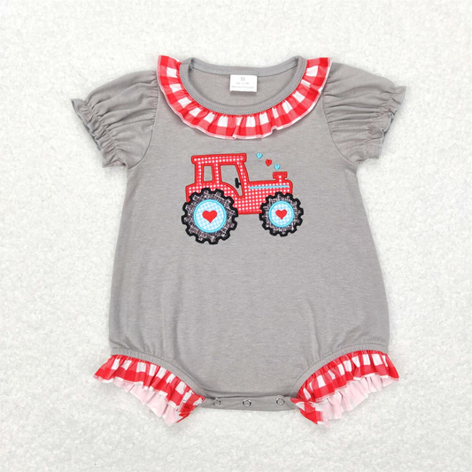 SR0489 Baby Girl Short Sleeves Valentines Tractor One Piece Romper