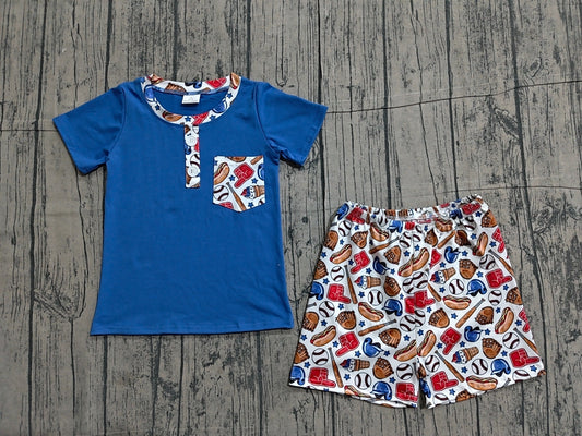 ( No moq ) Preorder Baby Boys Kids Short Sleeves Pocket Blue Shirt Baseball Shorts Summer Set
