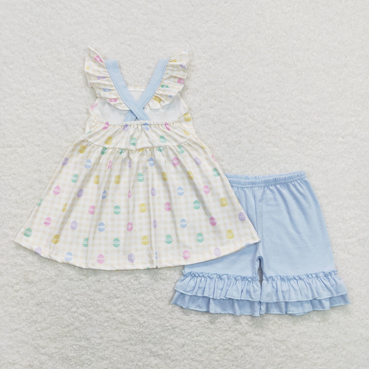GSSO0420 Baby Girl Eggs Bow Tunic Blue Cotton Ruffle Shorts Easter Set