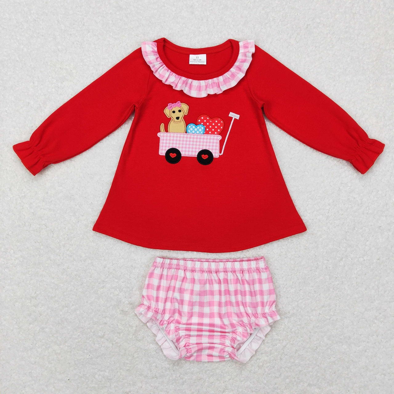 GBO0191 Baby Girl Valentine's Day Embroidery Dog Heart Plaid Bummie Shorts Red Set