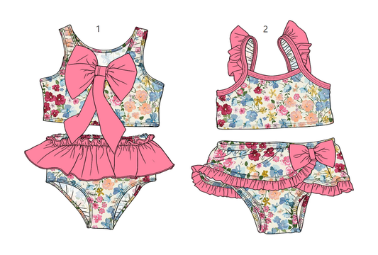 ( Moq 5 Each Style ) Sibling Baby Girls Kids Flower Tops Ruffle Shorts Pink Bows Sets Summer Swimsuits