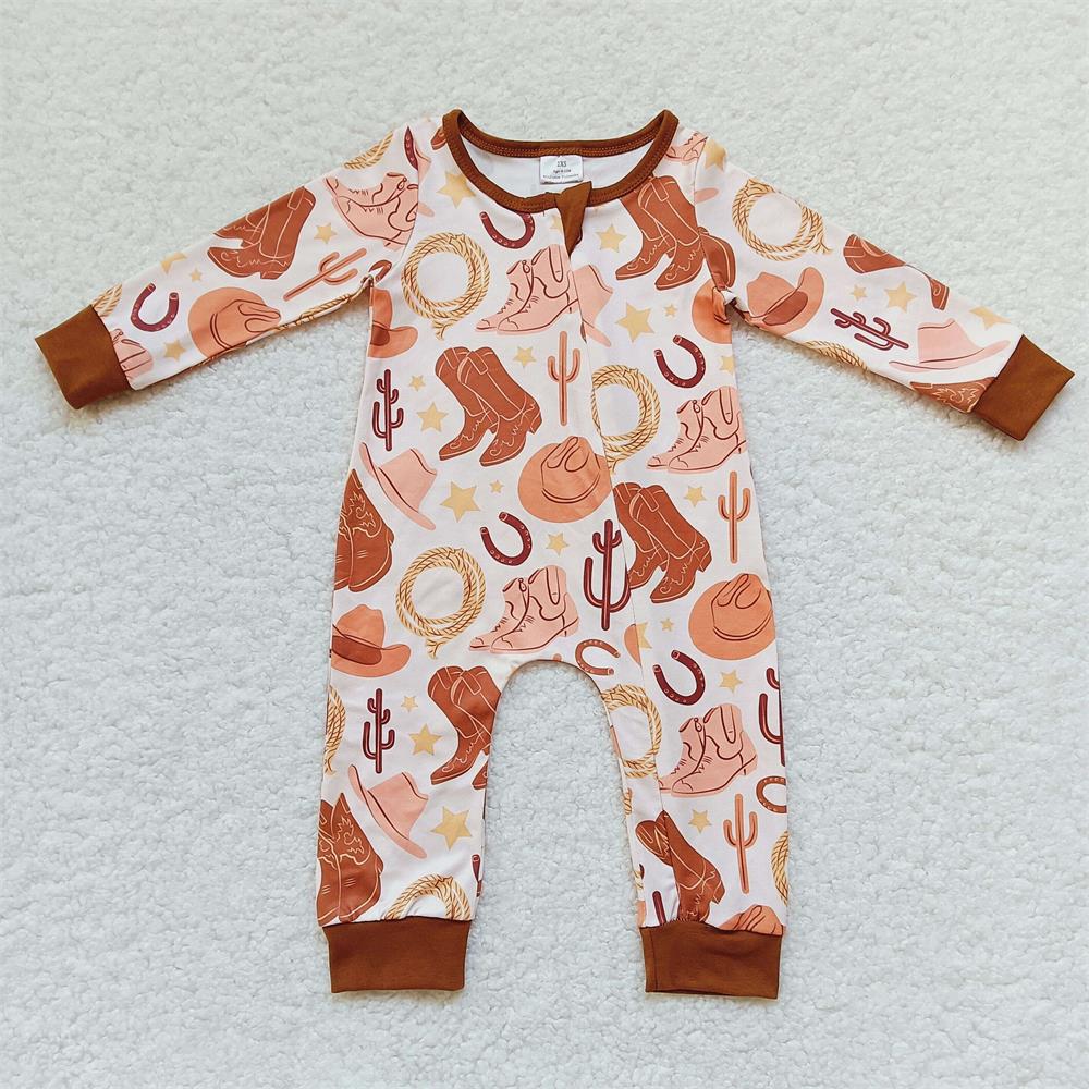 LR0431 Baby Boy Western Boots Cactus Long Sleeves Zipper Romper