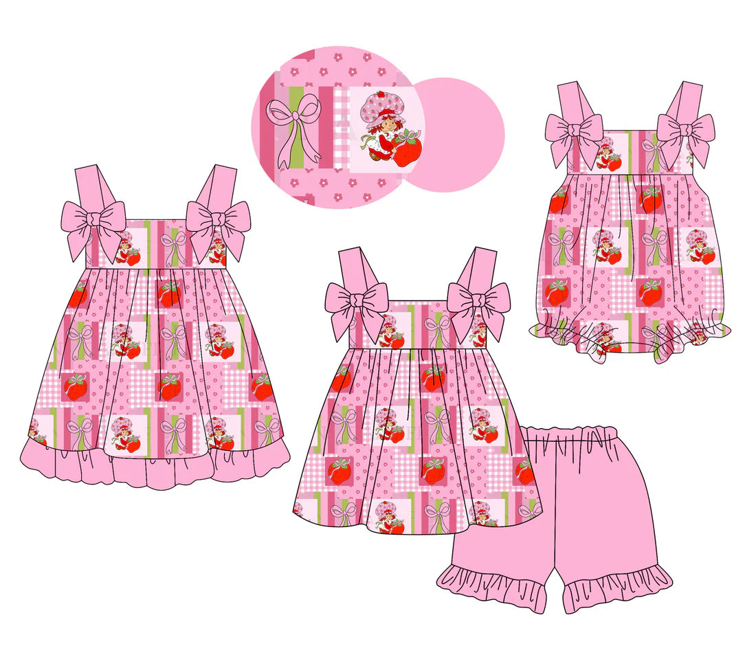 ( Moq 5 Each Style ) Baby Girl Toddler Strawberry Bows Sibling Pink Romper Dress Set