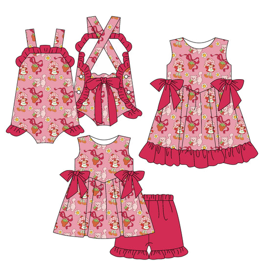( Moq 5 Each Style ) Baby Girl Toddler Strawberry Flower Bows Sibling Romper Dress Set