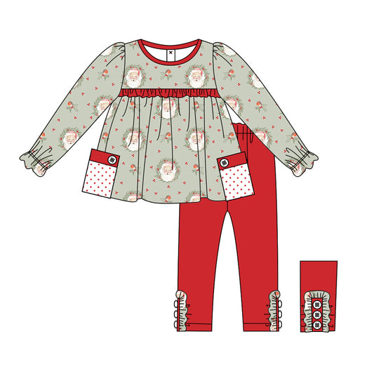 Baby Girl Long Sleeves Santa Christmas Green Tops Red Pants Set