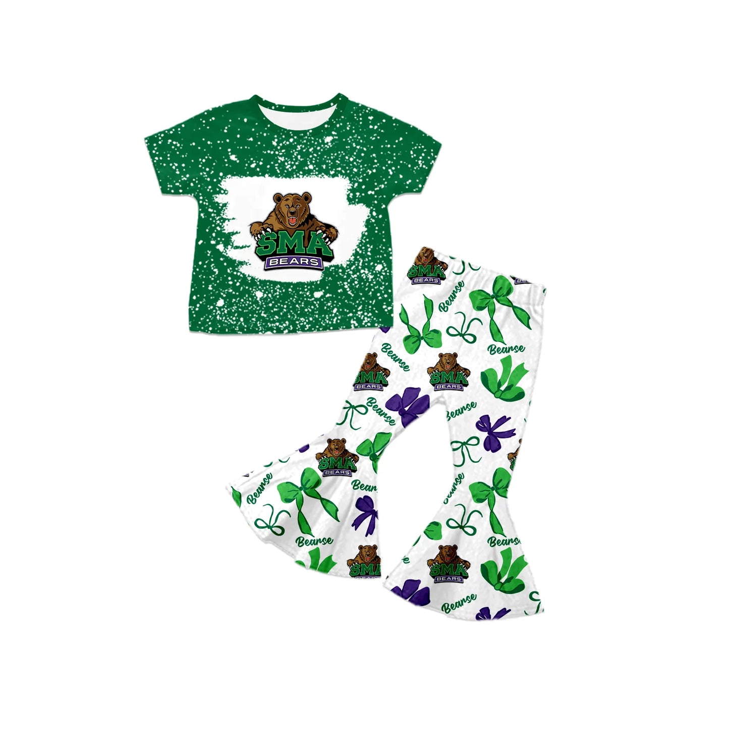 ( Moq 5 each style ) Baby Girl Team Sibling Bear Green Bows Dress Set 7.24