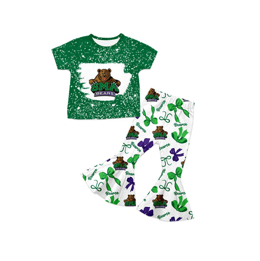 ( Moq 5 each style ) Baby Girl Team Sibling Bear Green Bows Dress Set 7.24