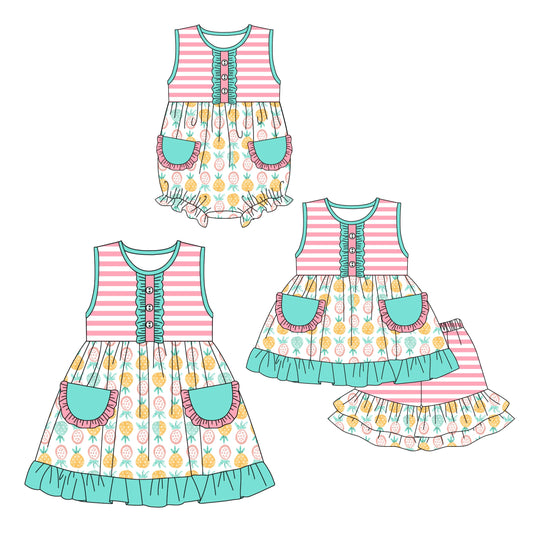Baby Girl Sleeveless Pockets Stripes Sibling Romper Dress Set ( Moq 5 Each Design ) 12.14